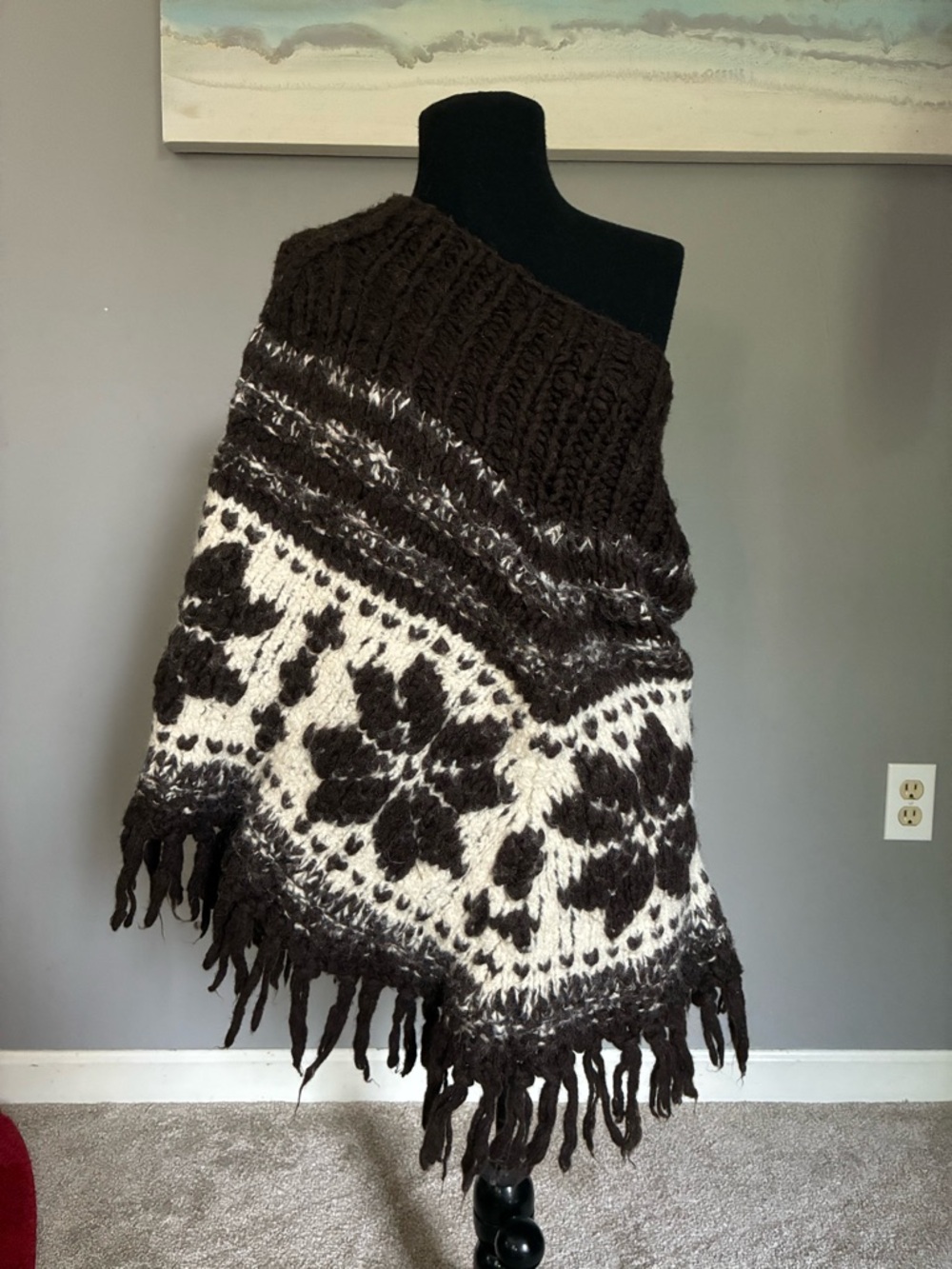 Free People Brown and Cream Floral Poncho/Skirt Sweater